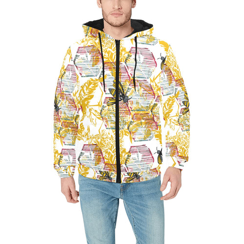 Cool Bee honeycomb leaves pattern Men's Padded Hooded Jacket