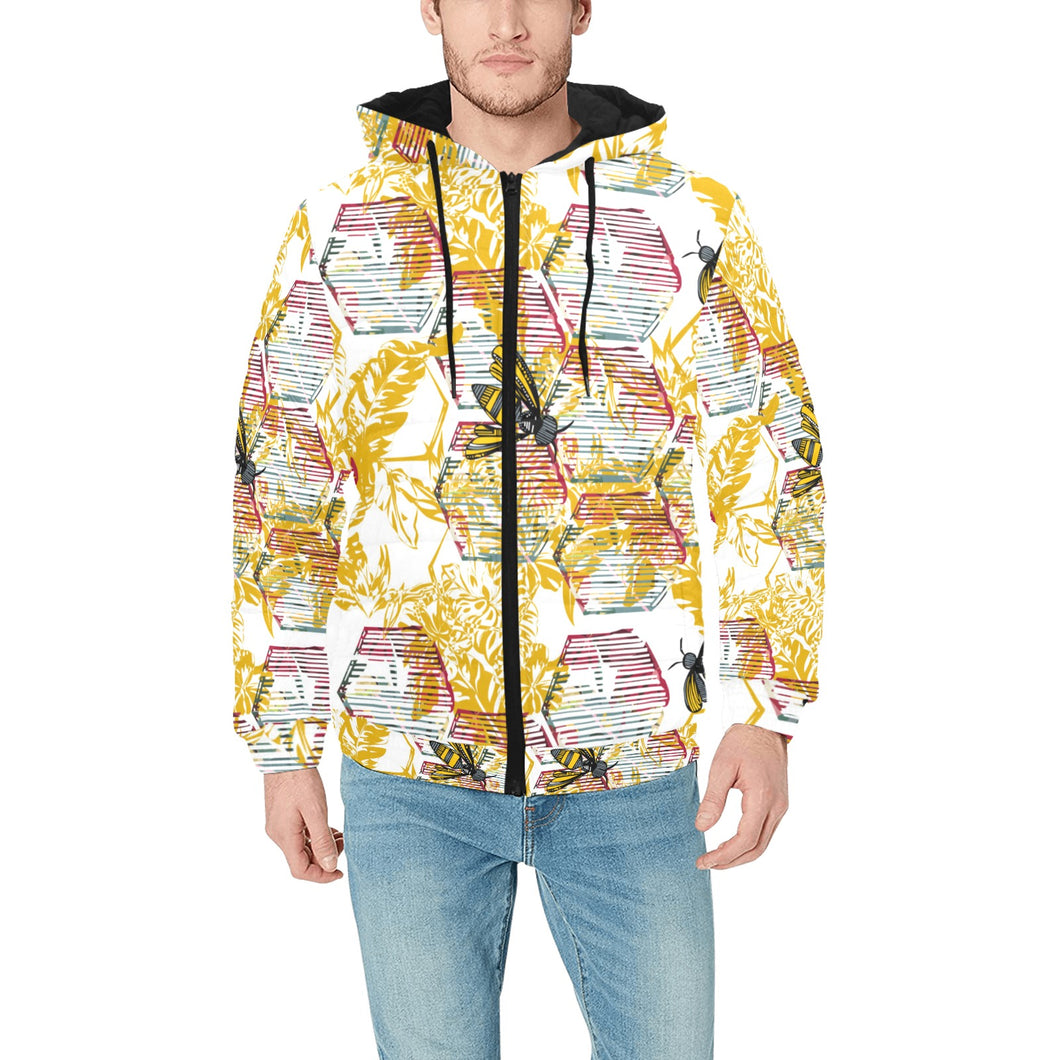 Cool Bee honeycomb leaves pattern Men's Padded Hooded Jacket