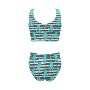 Cute octopuses heart striped background Chest Bowknot High Waisted Bikini Swimsuit