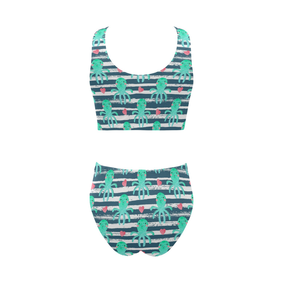 Cute octopuses heart striped background Chest Bowknot High Waisted Bikini Swimsuit