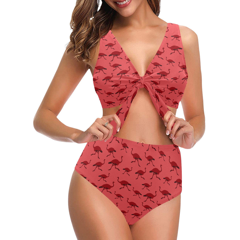 Ostrich Pattern Print Design 03 Chest Bowknot High Waisted Bikini Swimsuit