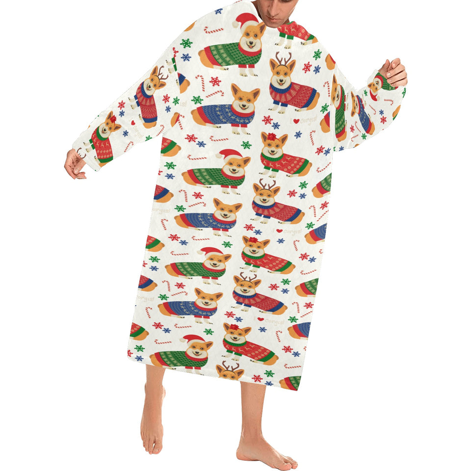 Corgi Christmas Pattern Blanket Robe with Sleeves
