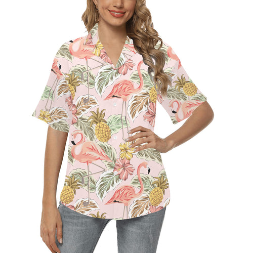 Pink flamingo birds pineapples hibiscus flower pat Women's All Over Print Hawaiian Shirt