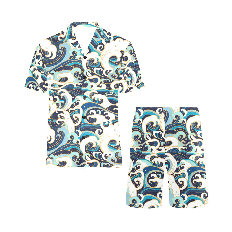Japanese wave pattern Men's V-Neck Short Pajama Set