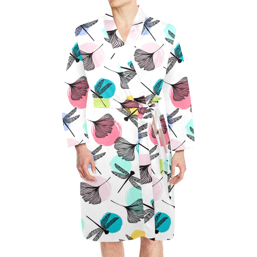 Dragonflies ginkgo leaves pattern Men's Long Sleeve Belted Night Robe