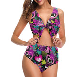 heart dot wave star creative design pattern Chest Bowknot High Waisted Bikini Swimsuit