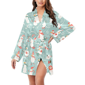 Cute snowman pattern Women's Long Sleeve Belted Night Robe