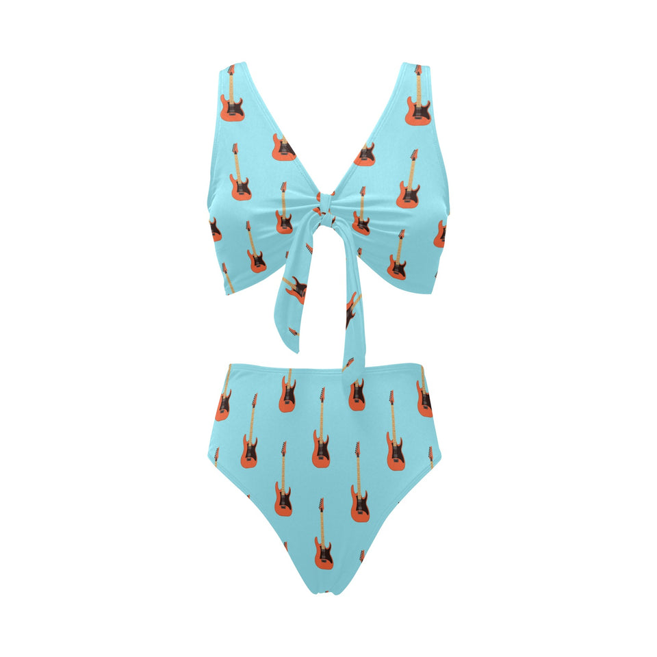 electric guitar pattern light blue background Chest Bowknot High Waisted Bikini Swimsuit