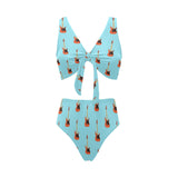 electric guitar pattern light blue background Chest Bowknot High Waisted Bikini Swimsuit
