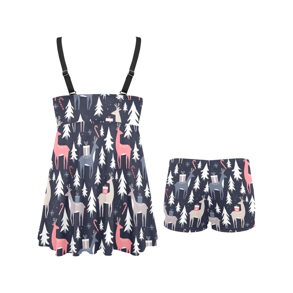 Deers Winter Christmas pattern Chest Sexy Pleated Two Piece Swim Dress