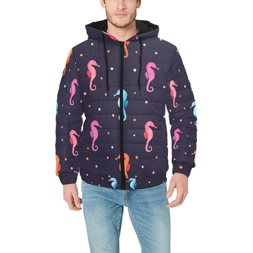 Watercolor colorful seahorse pattern Men's Padded Hooded Jacket