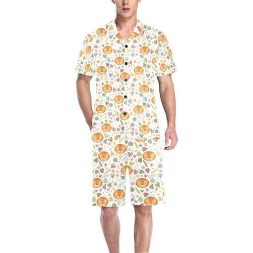 Lion Pattern Print Design 04 Men's V-Neck Short Pajama Set