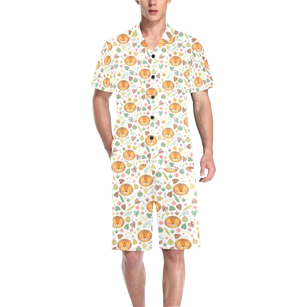 Lion Pattern Print Design 04 Men's V-Neck Short Pajama Set