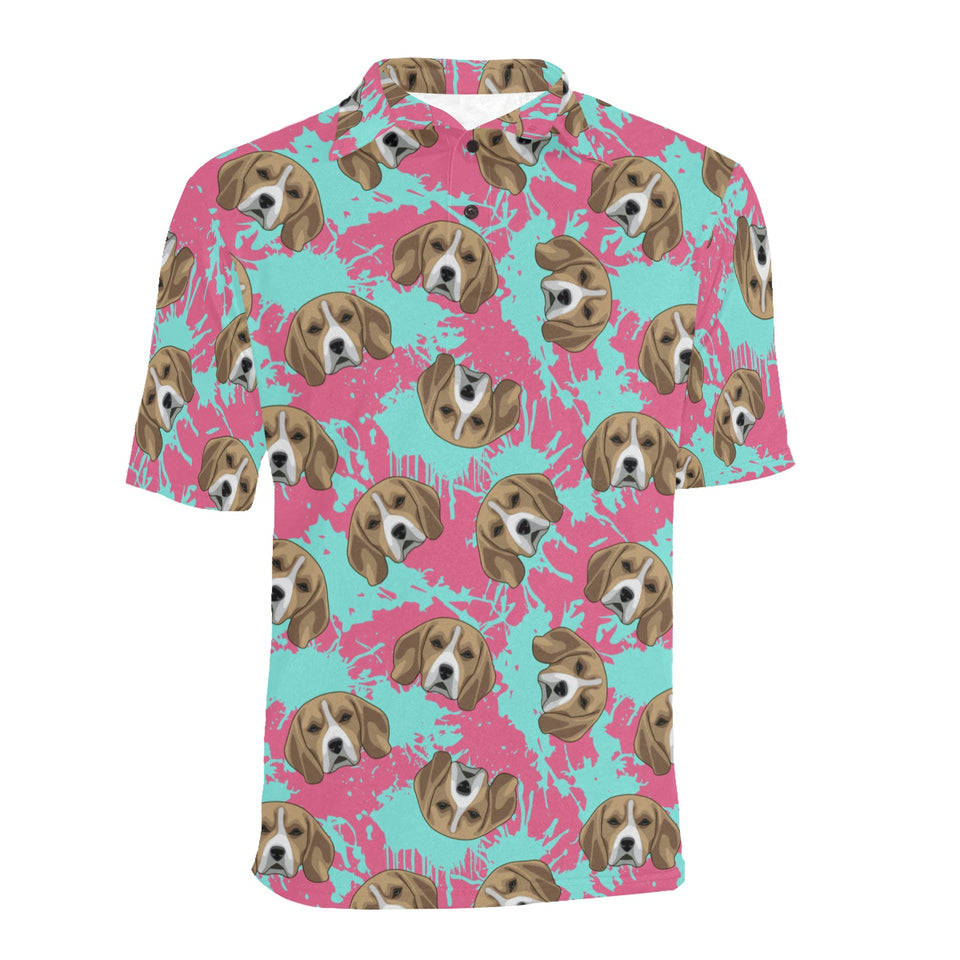 Beagle muzzles turquoise paint splashes pink patte Men's All Over Print Polo Shirt