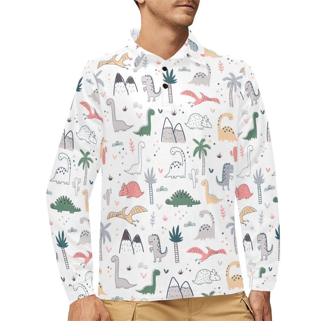 Cute cartoon dinosaurs tree pattern Men's Long Sleeve Polo Shirt