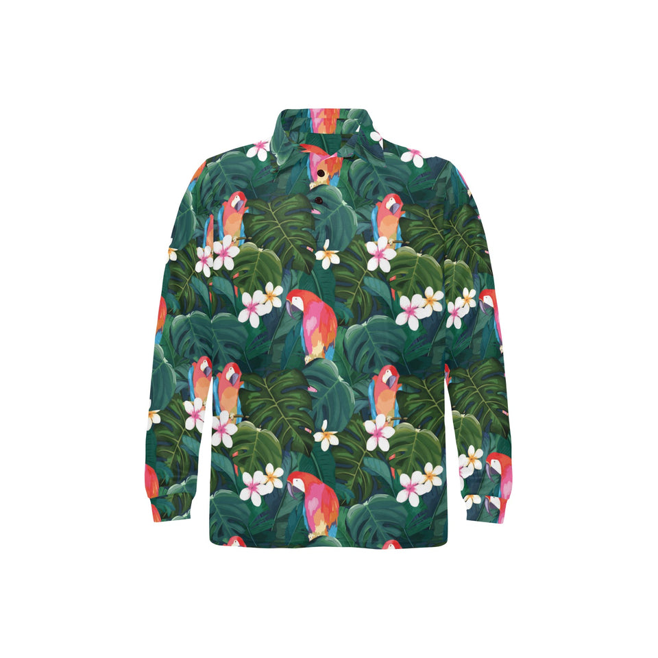 Parrot Palm tree leaves flower hibiscus pattern Men's Long Sleeve Polo Shirt