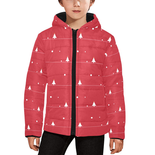 Christmas tree star snow red background Kids' Boys' Girls' Padded Hooded Jacket