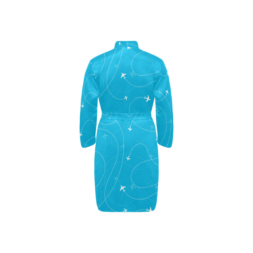 Airplane destinations blue background Men's Long Sleeve Belted Night Robe