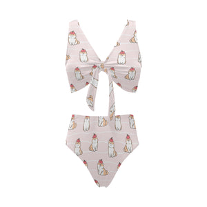 Cute Shiba Inu Dog Apple pattern Chest Bowknot High Waisted Bikini Swimsuit