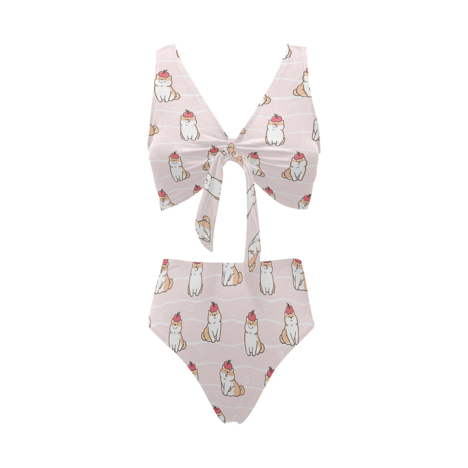Cute Shiba Inu Dog Apple pattern Chest Bowknot High Waisted Bikini Swimsuit