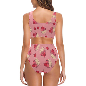 Cake cherry pattern Chest Bowknot High Waisted Bikini Swimsuit