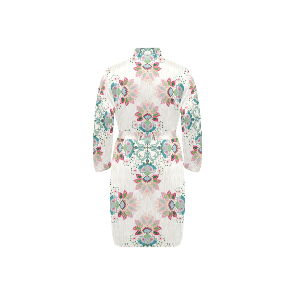 Square floral indian flower pattern Men's Long Sleeve Belted Night Robe