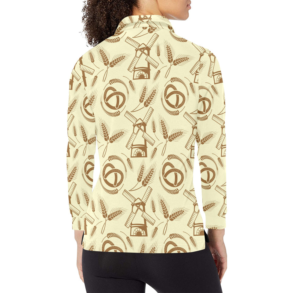 Windmill Wheat pattern Women's Long Sleeve Polo Shirt