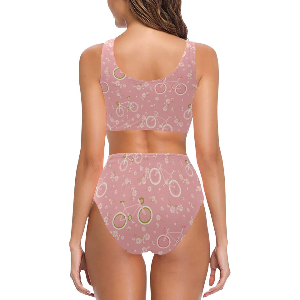 Bicycle Pattern Print Design 02 Chest Bowknot High Waisted Bikini Swimsuit