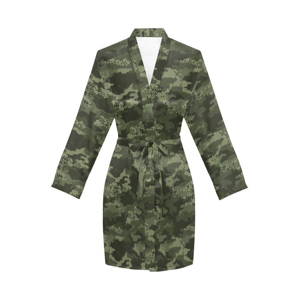 Digital Green camouflage pattern Women's Long Sleeve Belted Night Robe
