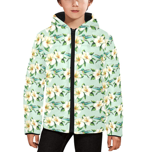 Hummingbird Pattern Print Design 01 Kids' Boys' Girls' Padded Hooded Jacket