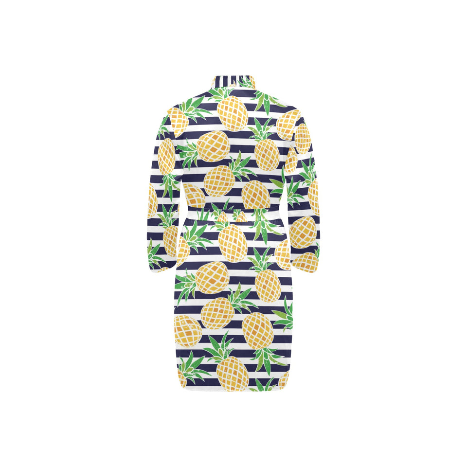 Pineapples pattern striped background Men's Long Sleeve Belted Night Robe