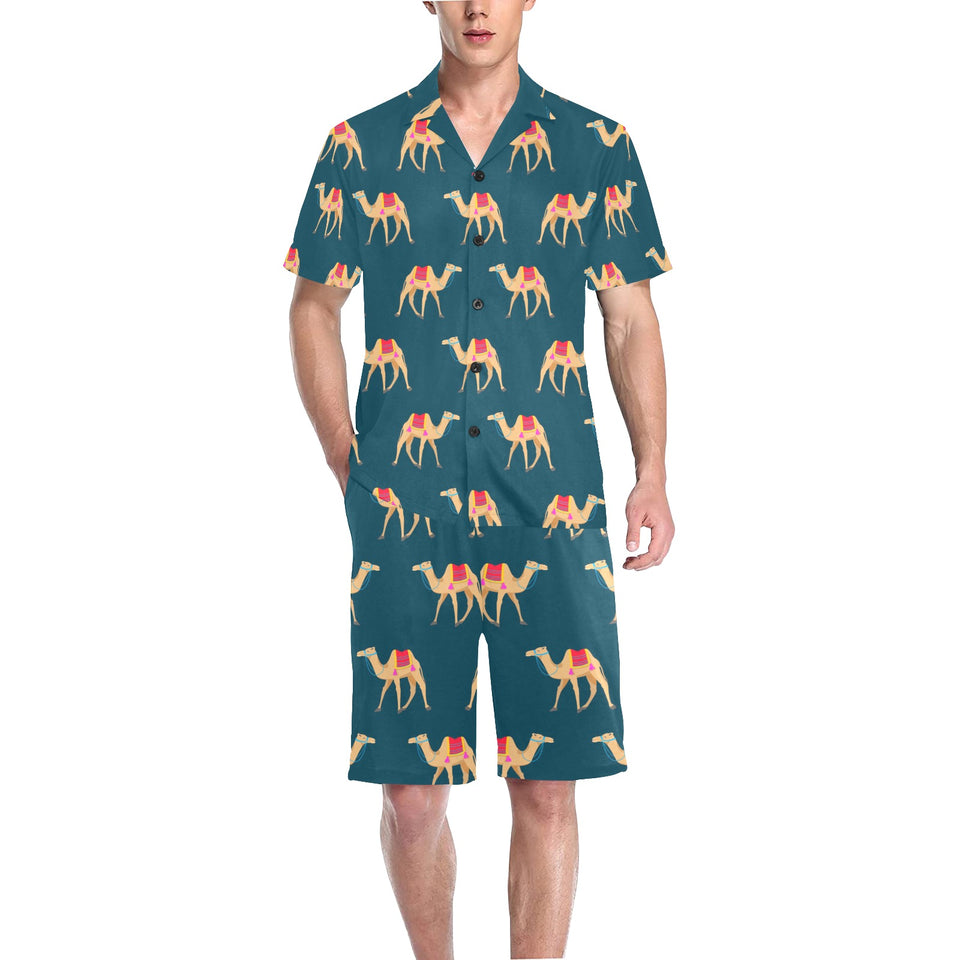 Camel pattern blue blackground Men's V-Neck Short Pajama Set