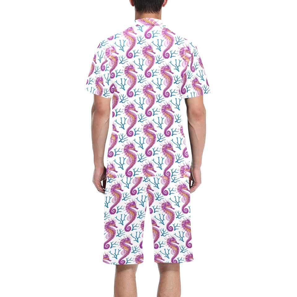 Purple seahorse blue coral pattern Men's V-Neck Short Pajama Set