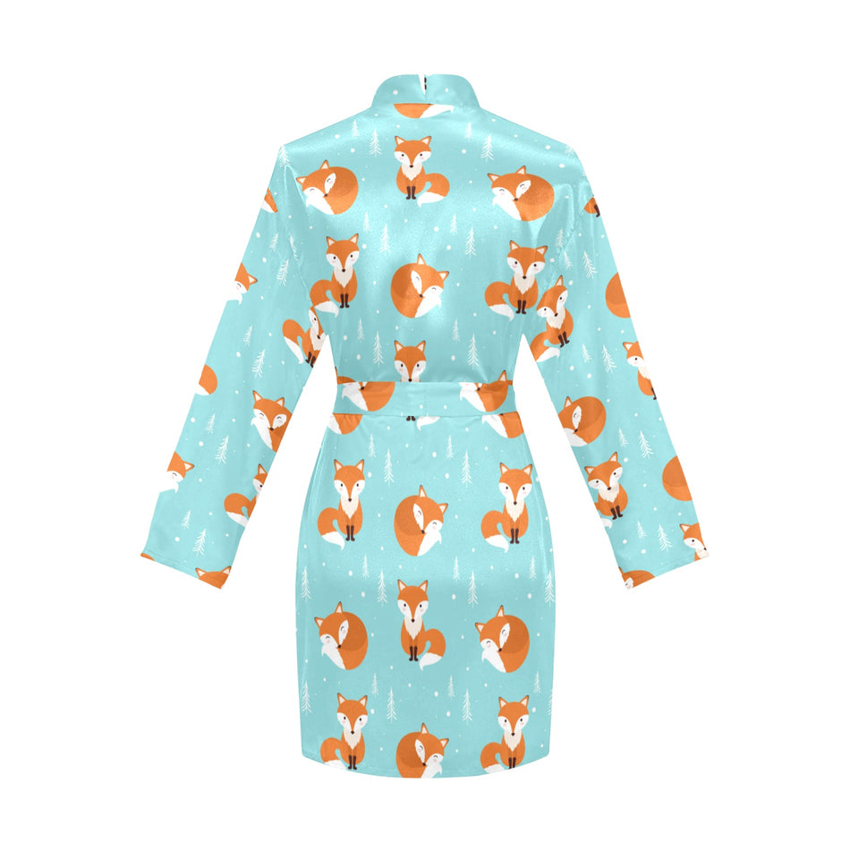 Fox pattern blue b ackground Women's Long Sleeve Belted Night Robe