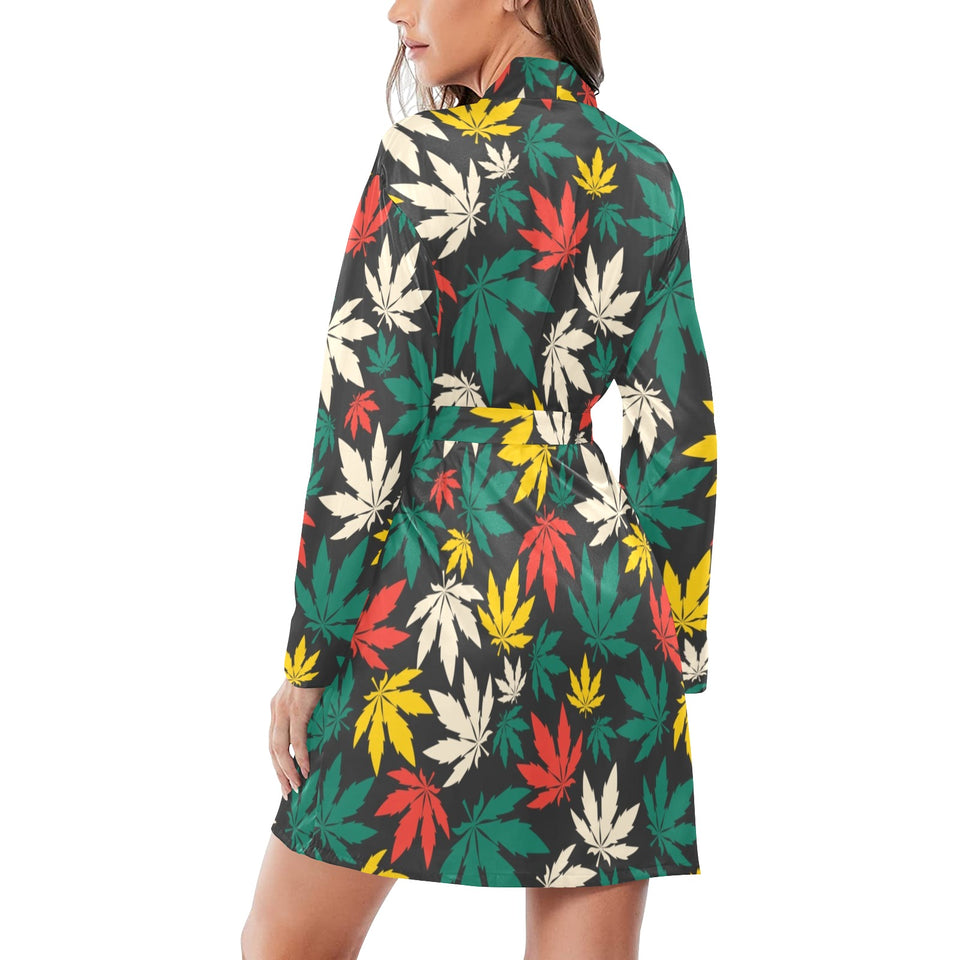 Canabis Marijuana Weed Pattern Print Design 02 Women's Long Sleeve Belted Night Robe