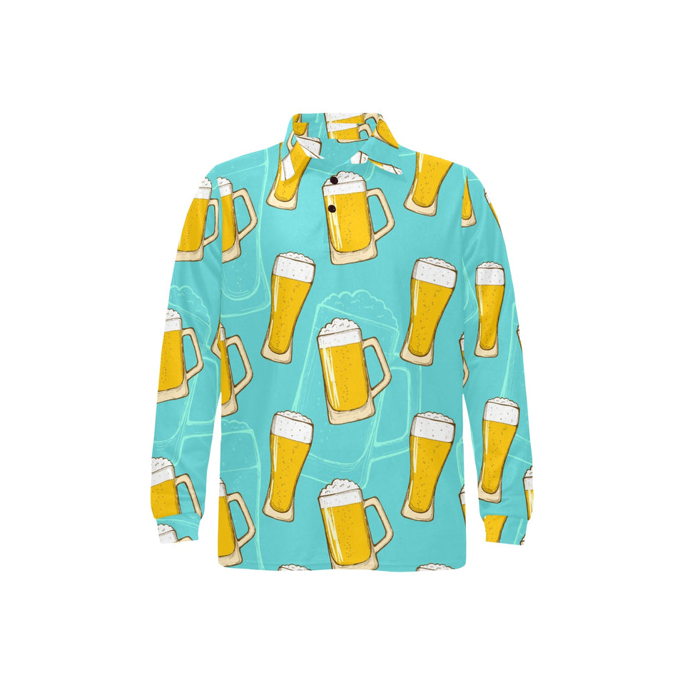 Beer pattern green background Men's Long Sleeve Polo Shirt