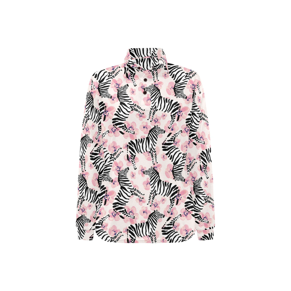 Zebra pink flower background Women's Long Sleeve Polo Shirt