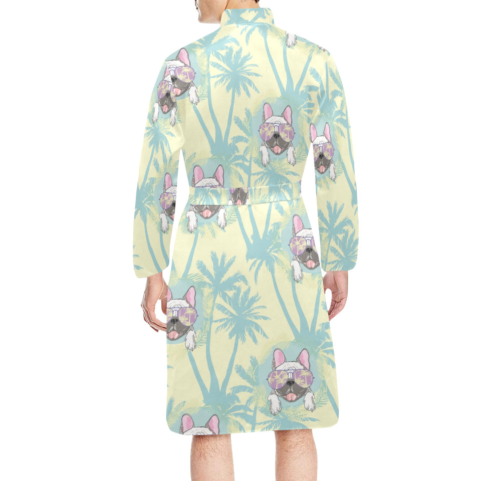 French bulldog hawaii blackground Men's Long Sleeve Belted Night Robe