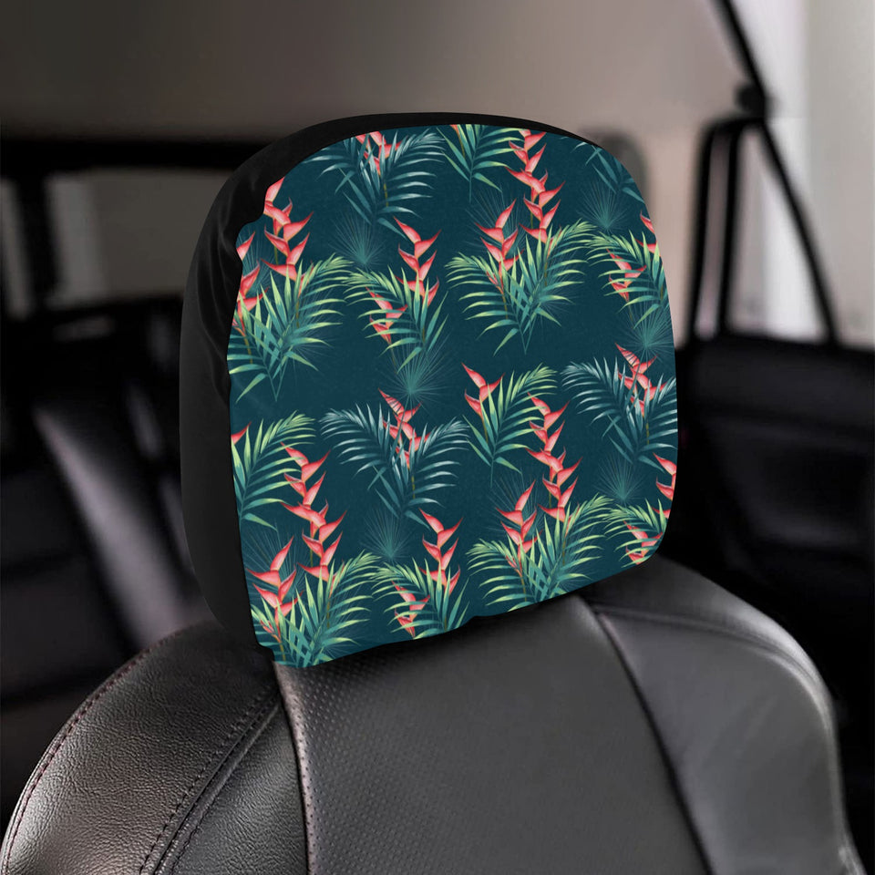 heliconia flowers, palm and monstera leaves on bla Car Headrest Cover