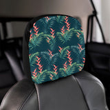 heliconia flowers, palm and monstera leaves on bla Car Headrest Cover