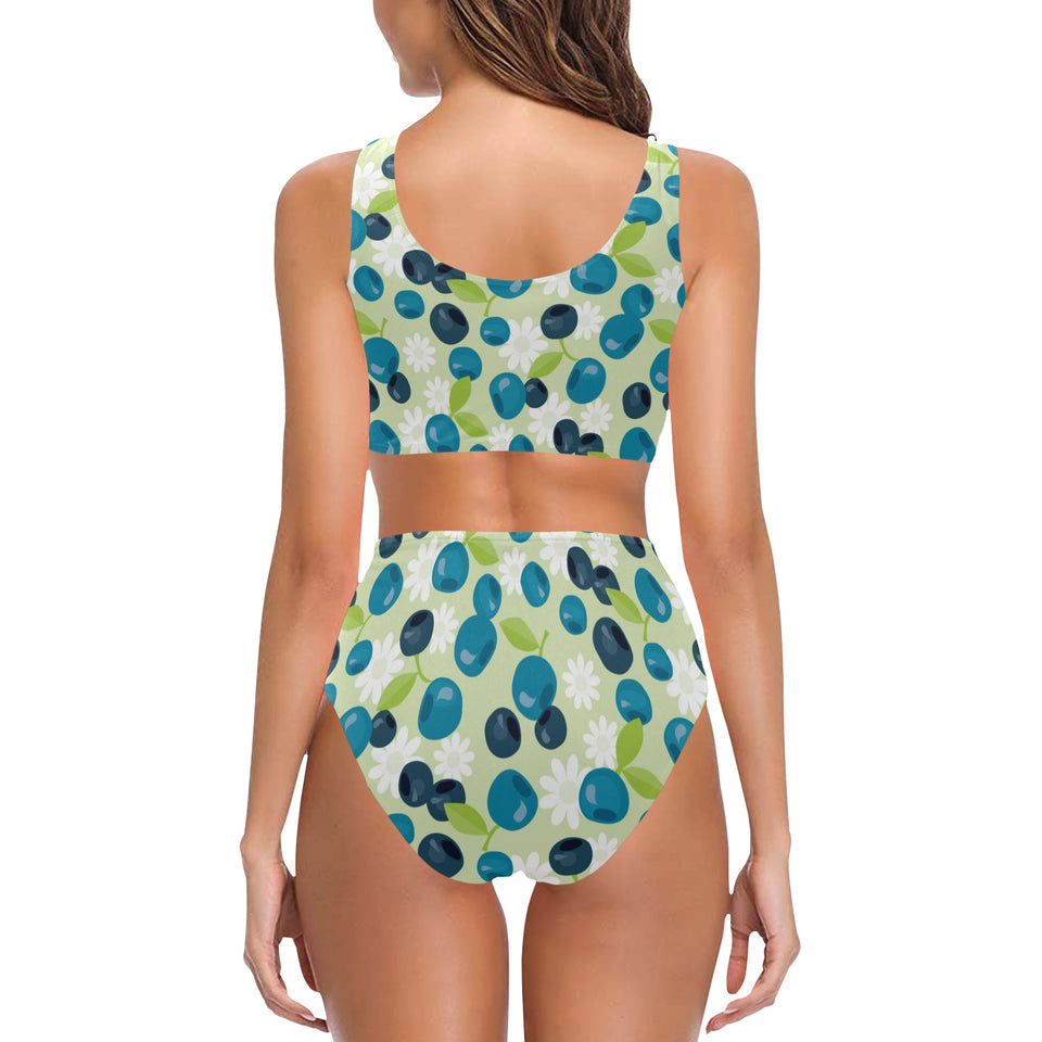 blueberry flower pattern Chest Bowknot High Waisted Bikini Swimsuit