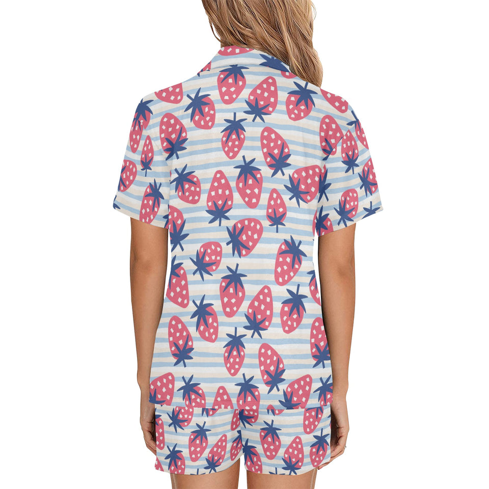 Strawberry pattern blue lines background Women's V-Neck Short Pajama Set