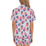 Strawberry pattern blue lines background Women's V-Neck Short Pajama Set