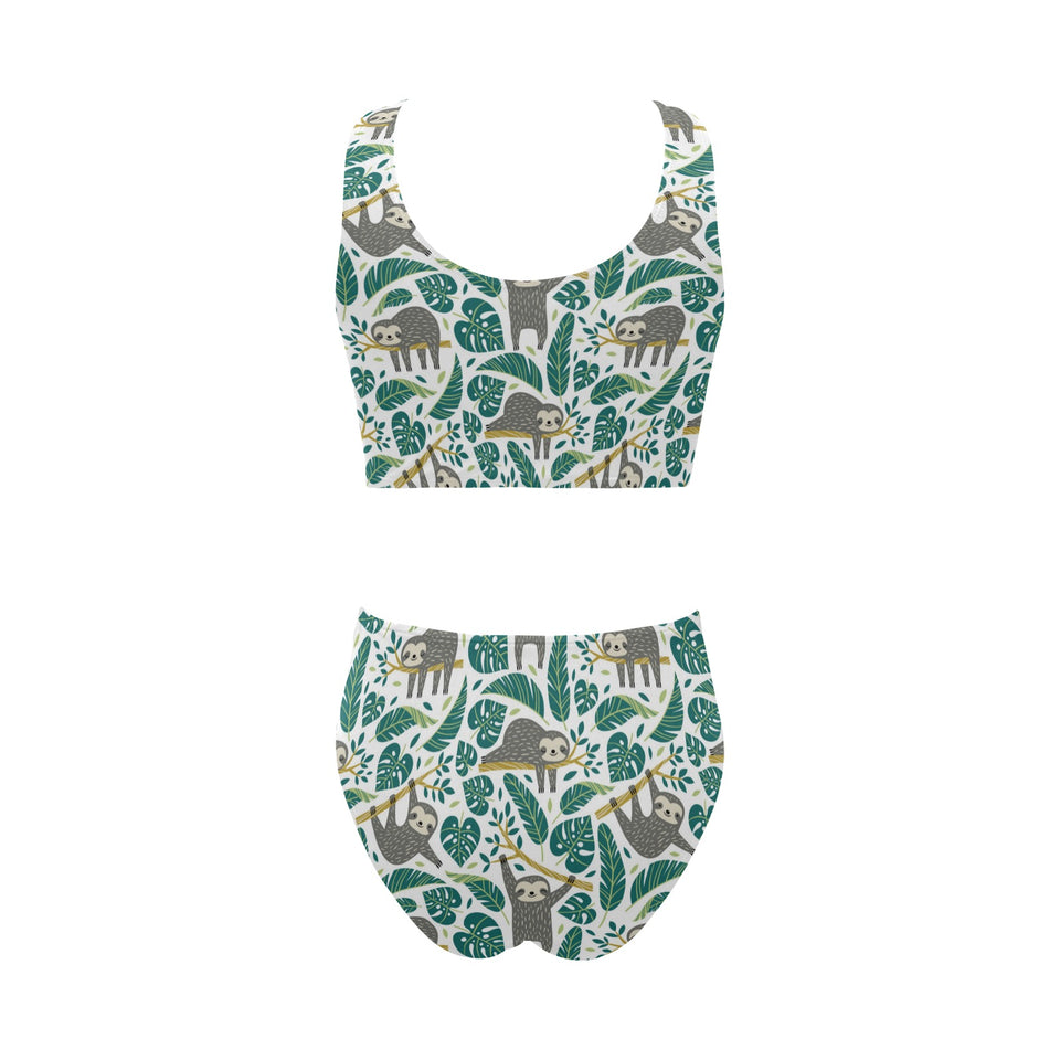 Cute sloths tropical palm leaves white background Chest Bowknot High Waisted Bikini Swimsuit