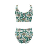 Cute sloths tropical palm leaves white background Chest Bowknot High Waisted Bikini Swimsuit