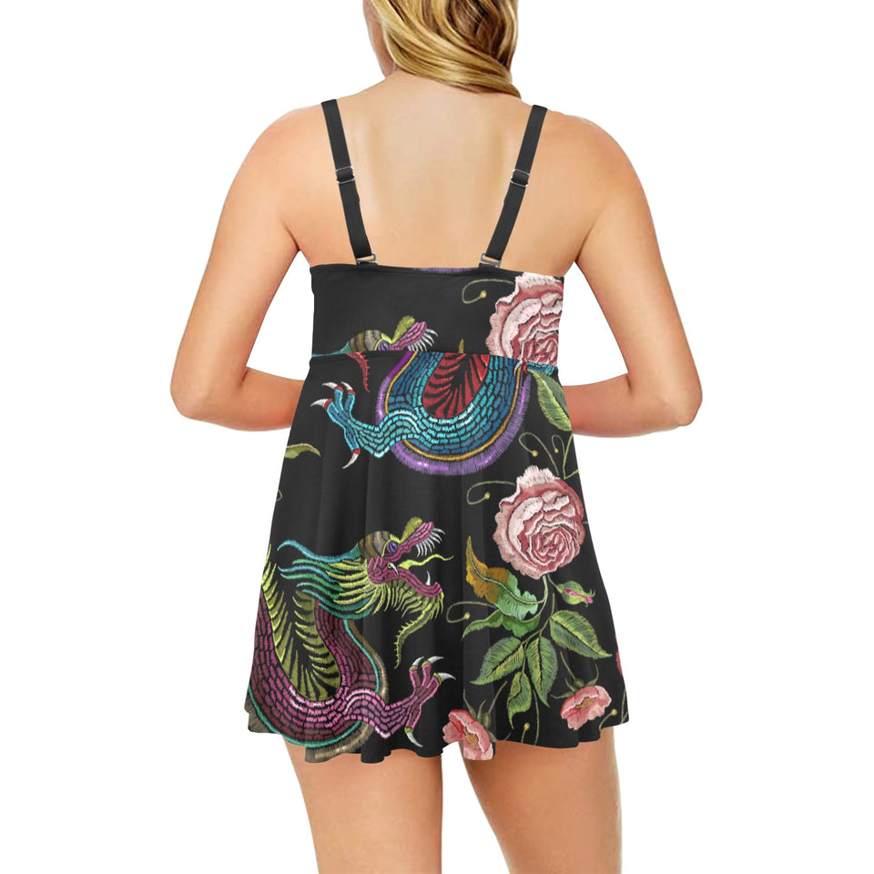 Dragons flower pattern Chest Sexy Pleated Two Piece Swim Dress