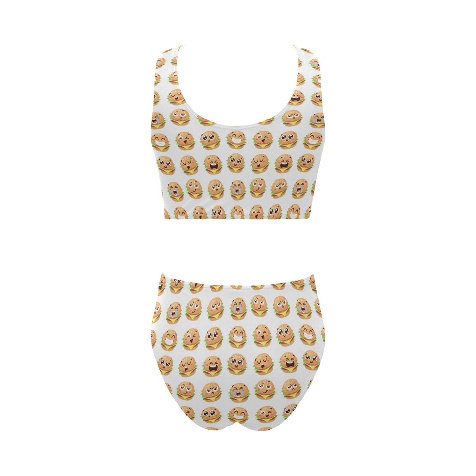 Hamburger Pattern Print Design 04 Chest Bowknot High Waisted Bikini Swimsuit