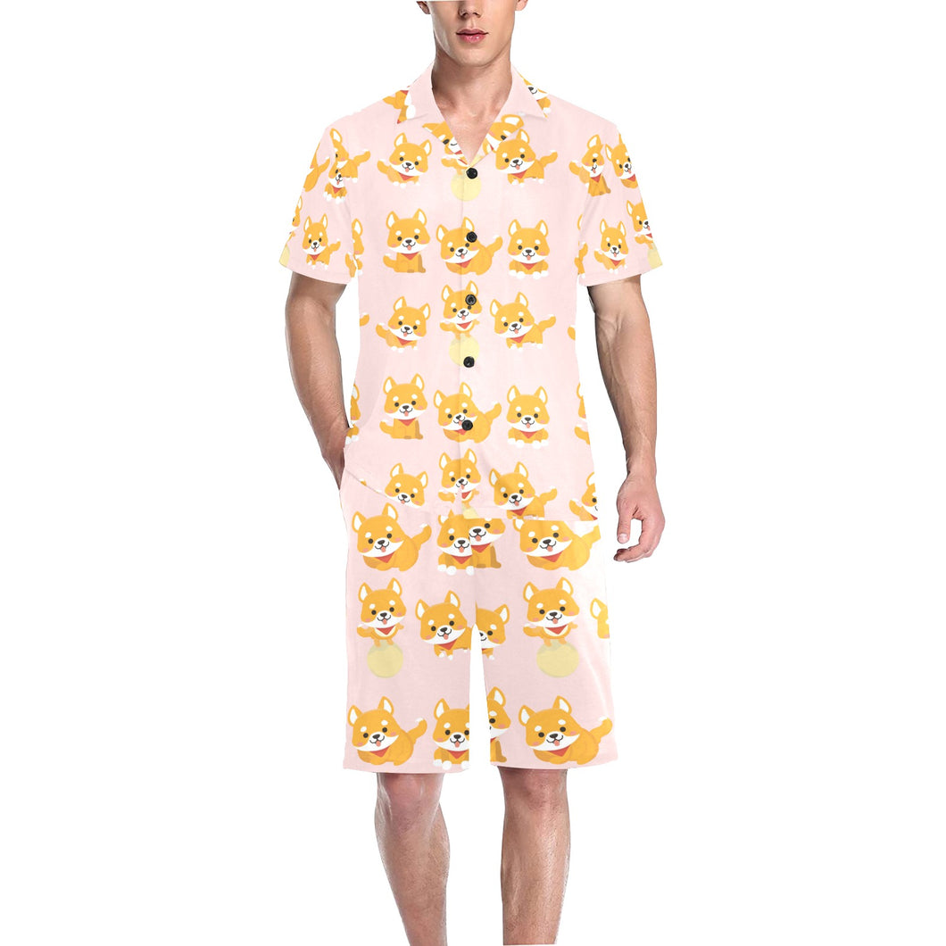 Cute shiba inu dog pattern Men's V-Neck Short Pajama Set
