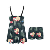 Cute sloths sleeping christmas ball santa hat patt Chest Sexy Pleated Two Piece Swim Dress
