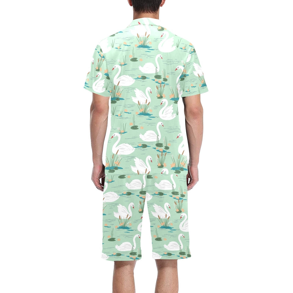 White swan lake pattern Men's V-Neck Short Pajama Set